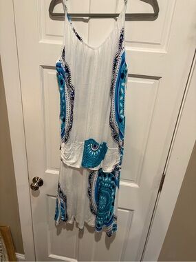 VENUS White Maxi Slip Dress with Turquoise & Navy Medallion Panels